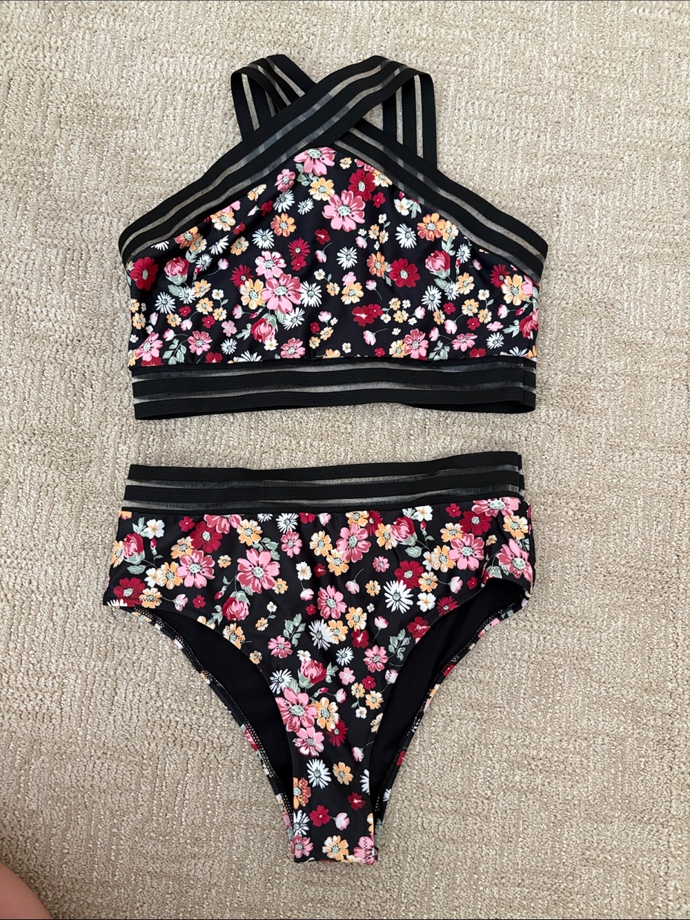 Women's Black Floral High-Waist Bikini Set